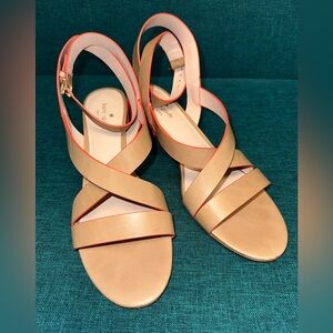 KATE SPADE KENSLEY NATURAL/POP CORAL LEATHER ANKLE STRAP SANDAL 9.5M NICE!